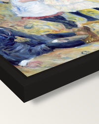 Children on the Seashore by Renoir framed canvas, corner close-up: a black floating frame with a shadow gap round the canvas