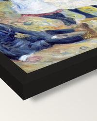 Children on the Seashore by Renoir framed print, corner close-up: black moulding, mitred, the print set just below its edge