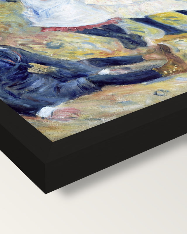 Children on the Seashore by Renoir framed print, corner close-up: black moulding, mitred, the print set just below its edge