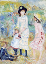 Children on the Seashore by Renoir: a girl in white with a black hat and small children on a sunny beach by the sea