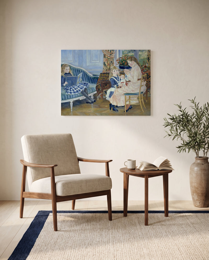 Afternoon at Wargemont by Pierre-Auguste Renoir as a stretched canvas above a linen lounge chair in a reading corner