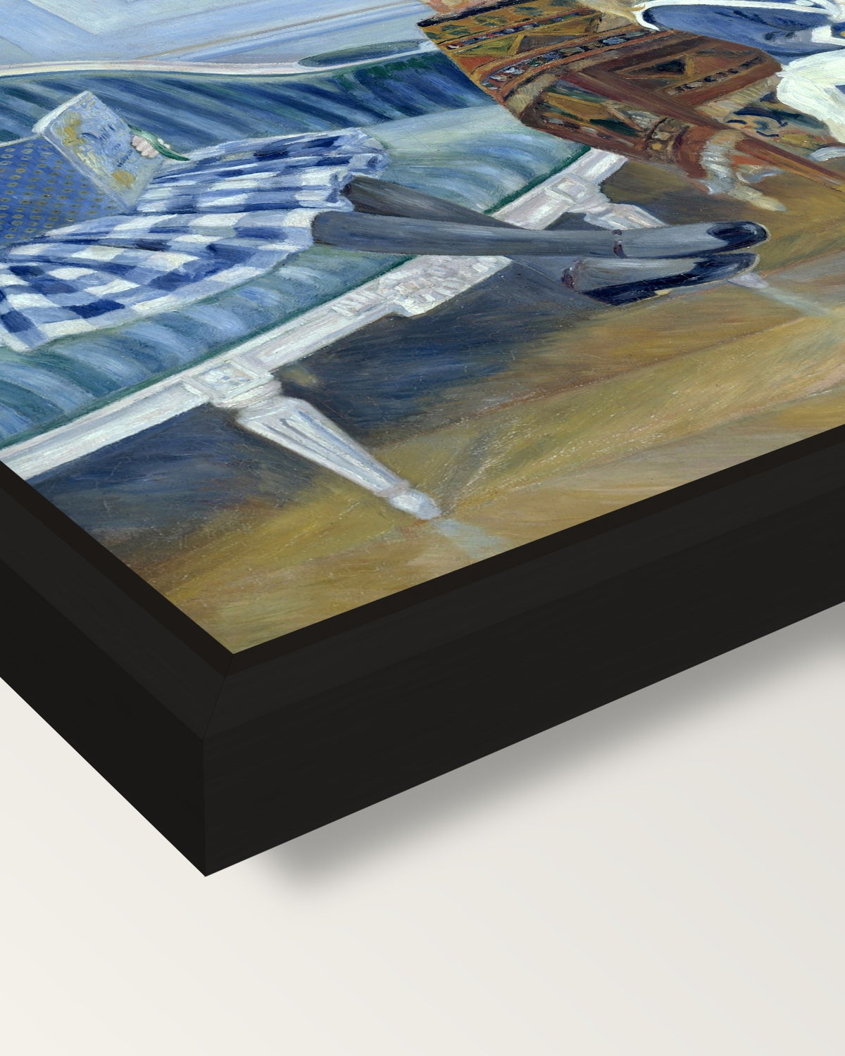 Afternoon at Wargemont by Renoir framed canvas, corner close-up: a black floating frame with a shadow gap round the canvas
