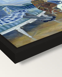 Afternoon at Wargemont by Renoir framed canvas, corner close-up: a black floating frame with a shadow gap round the canvas