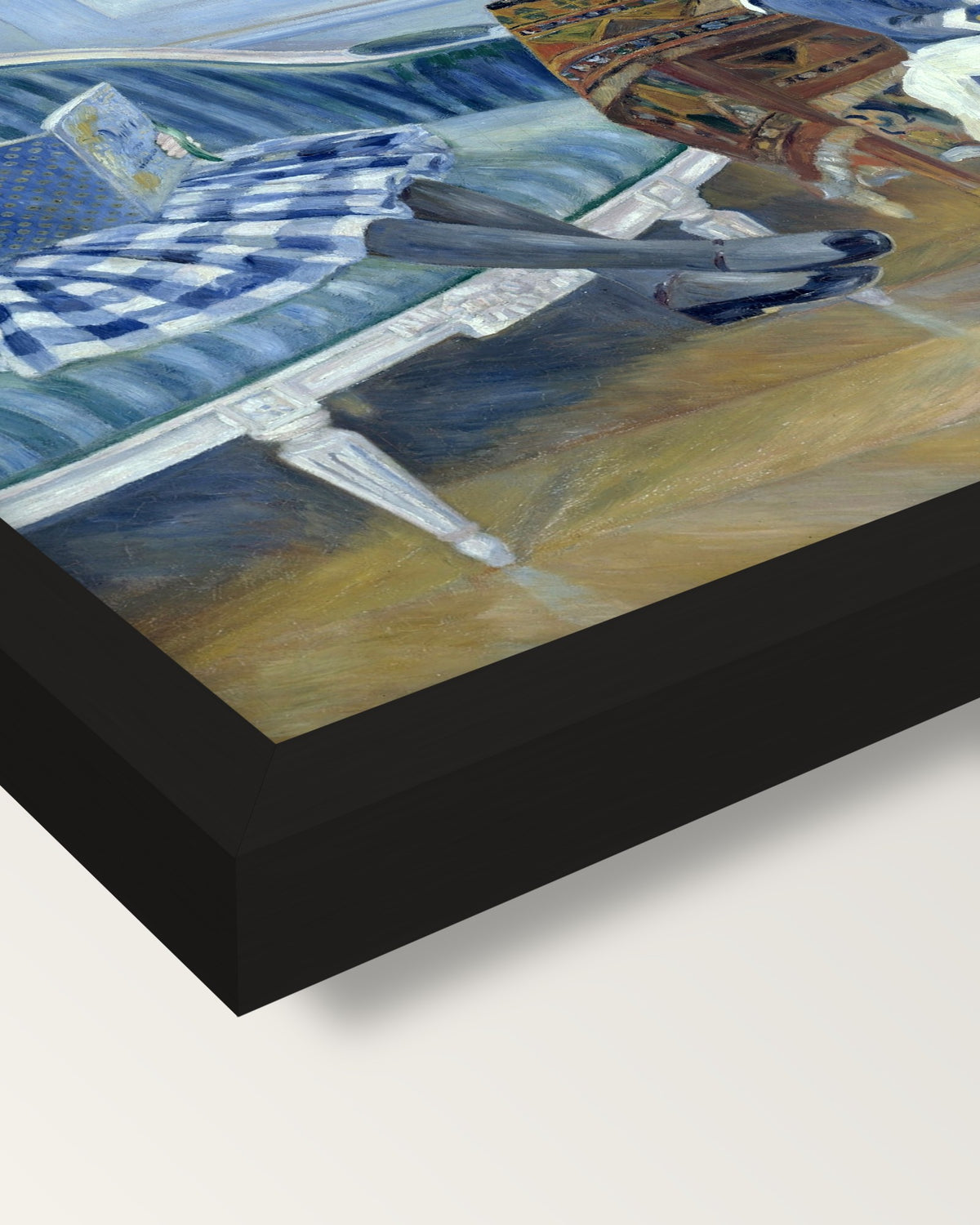 Afternoon at Wargemont by Renoir framed print, corner close-up: black moulding, mitred, the print set just below its edge