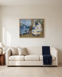 Afternoon at Wargemont by Pierre-Auguste Renoir framed in natural oak above a cream sofa in a warm living room