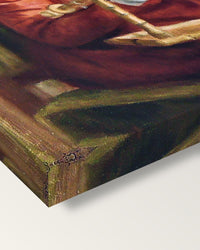 Christine Lerolle by Pierre-Auguste Renoir on stretched canvas, corner close-up: the painting mirror-wrapped round the sides