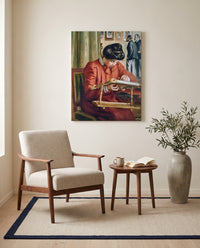 Christine Lerolle by Pierre-Auguste Renoir as a stretched canvas above a linen lounge chair in a reading corner