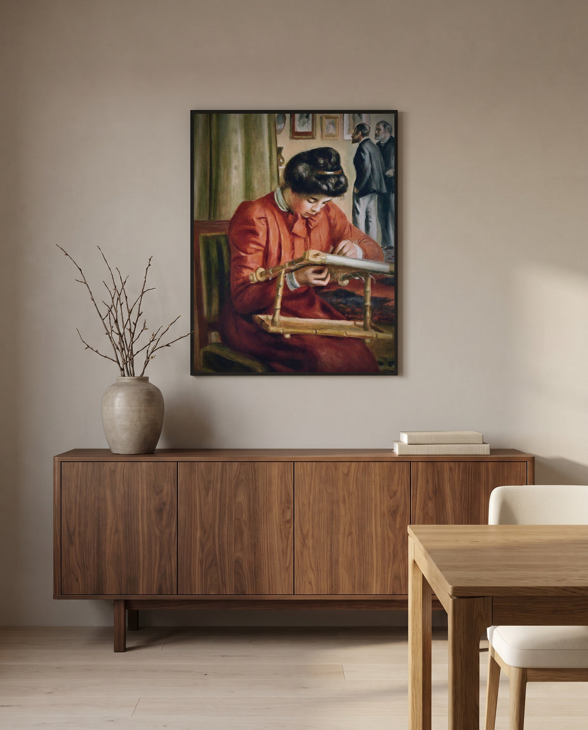 Christine Lerolle by Pierre-Auguste Renoir in a black frame above a walnut sideboard in a dining room