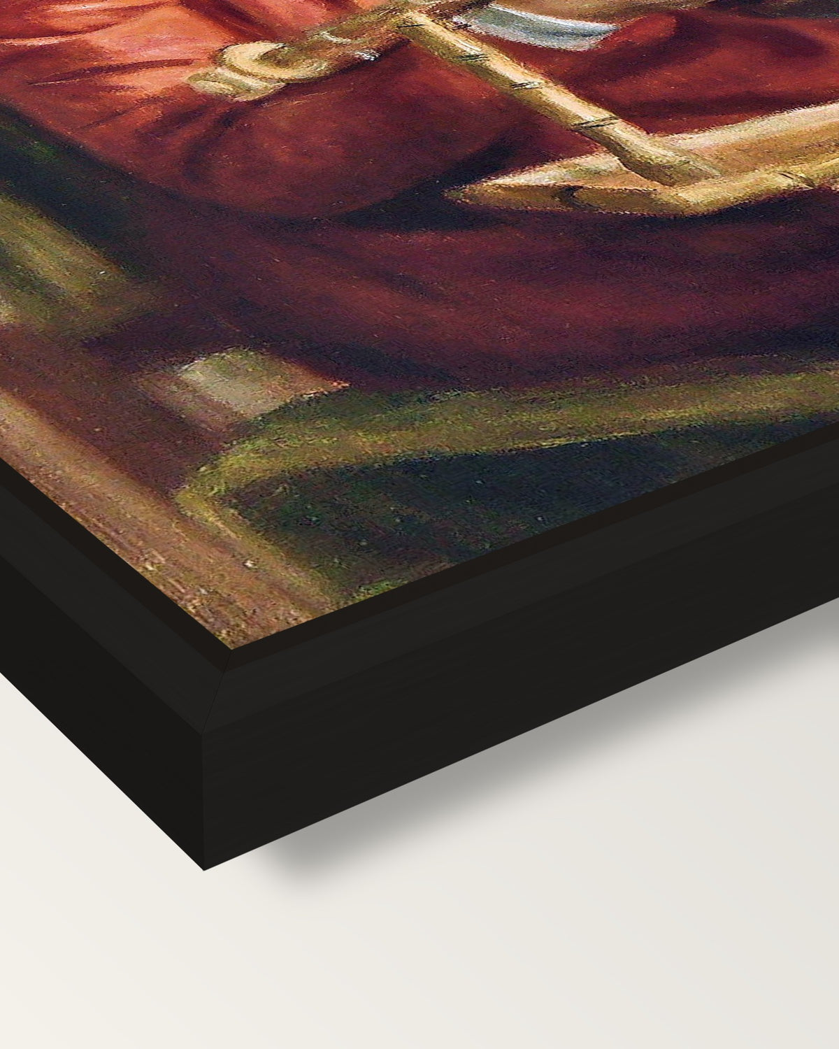 Christine Lerolle by Renoir framed canvas, corner close-up: a black floating frame with a shadow gap round the canvas