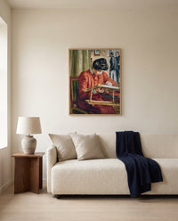 Christine Lerolle by Pierre-Auguste Renoir framed in natural oak above a cream sofa in a warm living room