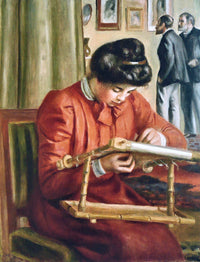 Christine Lerolle Embroidering by Renoir: a young woman in a red jacket working at an embroidery frame, two men behind