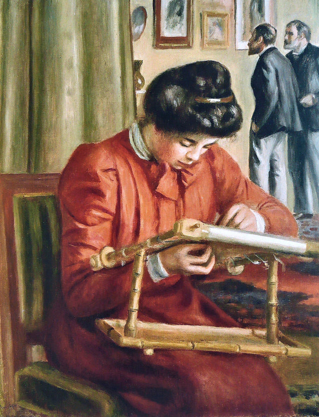 Christine Lerolle Embroidering by Renoir: a young woman in a red jacket working at an embroidery frame, two men behind