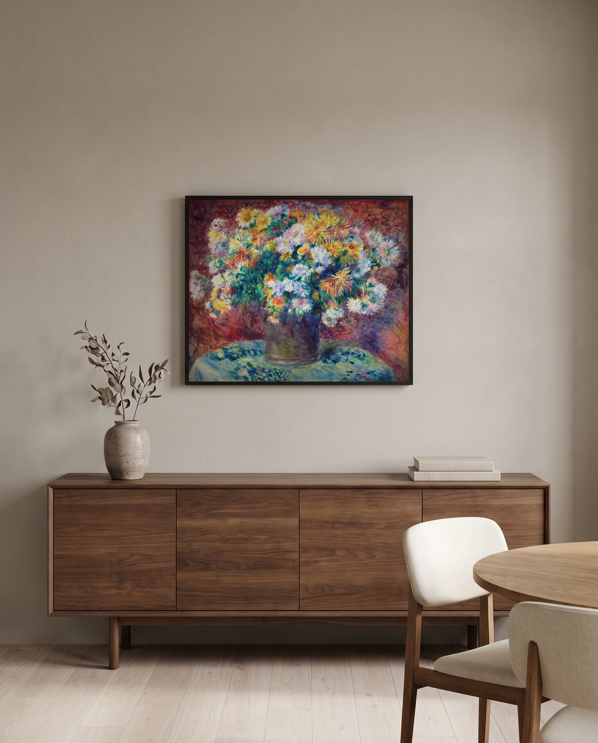 Chrysanthemums by Pierre-Auguste Renoir in a black frame above a walnut sideboard in a dining room