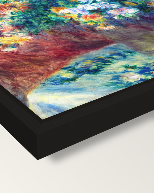 Chrysanthemums by Renoir framed canvas, corner close-up: a black floating frame with a shadow gap round the canvas
