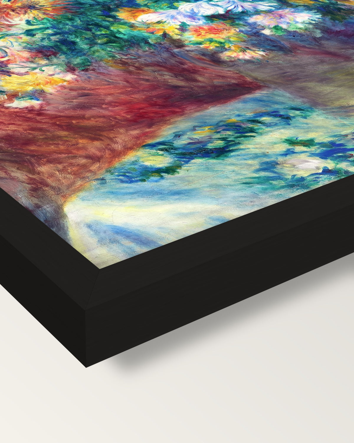 Chrysanthemums by Renoir framed print, corner close-up: black moulding, mitred, the print set just below its edge