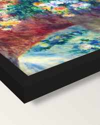 Chrysanthemums by Renoir framed print, corner close-up: black moulding, mitred, the print set just below its edge
