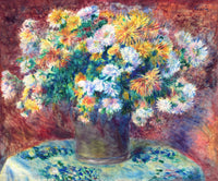 Chrysanthemums by Pierre-Auguste Renoir: a full vase of red, pink, yellow and white chrysanthemums against a soft background