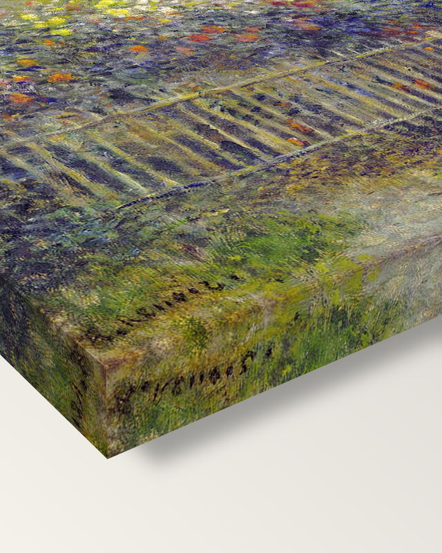 Monet in His Garden by Renoir on stretched canvas, corner close-up: the painting mirror-wrapped round the sides