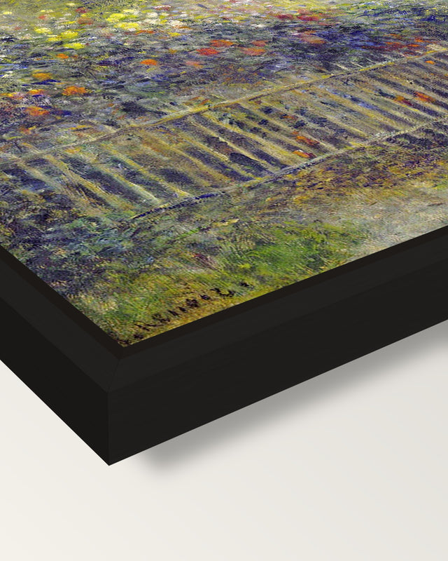 Monet in His Garden by Renoir framed canvas, corner close-up: a black floating frame with a shadow gap round the canvas