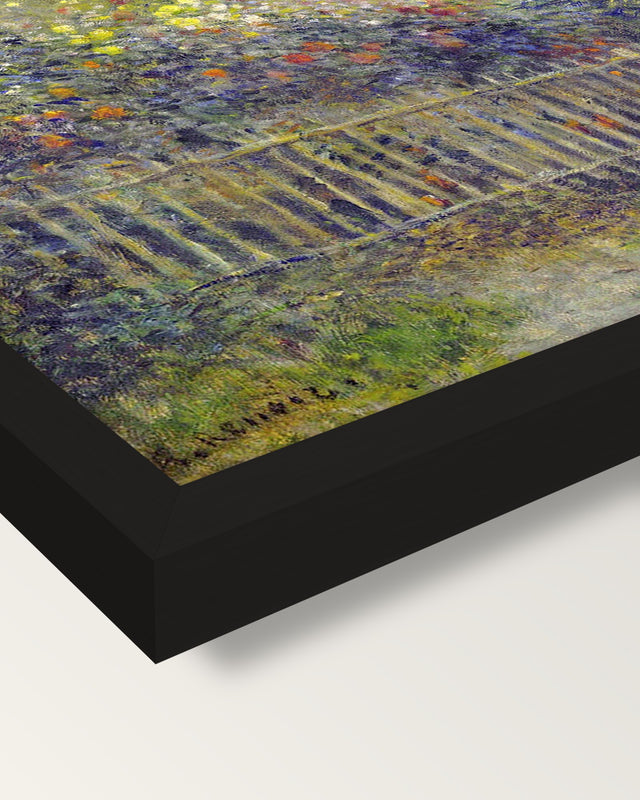 Monet in His Garden by Renoir framed print, corner close-up: black moulding, mitred, the print set just below its edge