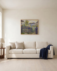 Monet in His Garden by Pierre-Auguste Renoir framed in natural oak above a cream sofa in a warm living room