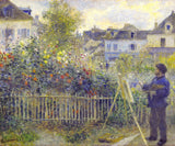 Monet Painting in His Garden by Renoir: Claude Monet at his easel among tall flowers, white houses and a fence behind