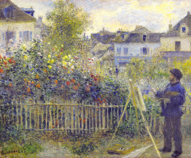 Monet Painting in His Garden by Renoir: Claude Monet at his easel among tall flowers, white houses and a fence behind
