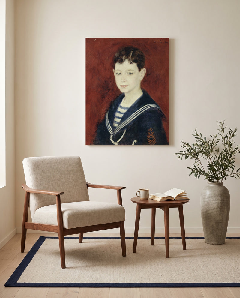 Fernand Halphen as a Boy by Pierre-Auguste Renoir as a stretched canvas above a linen lounge chair in a reading corner