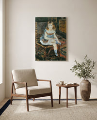 Georgette Charpentier by Pierre-Auguste Renoir as a stretched canvas above a linen lounge chair in a reading corner