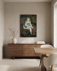 Georgette Charpentier by Pierre-Auguste Renoir in a black frame above a walnut sideboard in a dining room