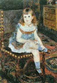 Georgette Charpentier Seated by Renoir: a little blonde girl in a blue dress and socks sitting on a chair, rich rug