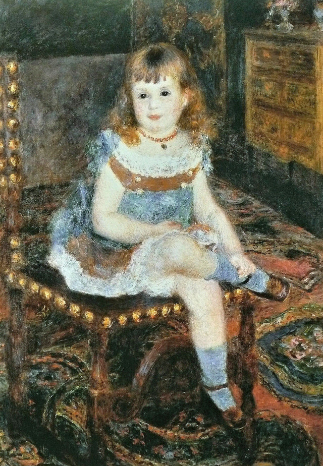 Georgette Charpentier Seated by Renoir: a little blonde girl in a blue dress and socks sitting on a chair, rich rug