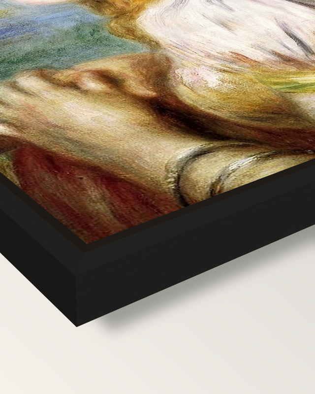 Girl in a Lace Hat by Renoir framed canvas, corner close-up: a black floating frame with a shadow gap round the canvas