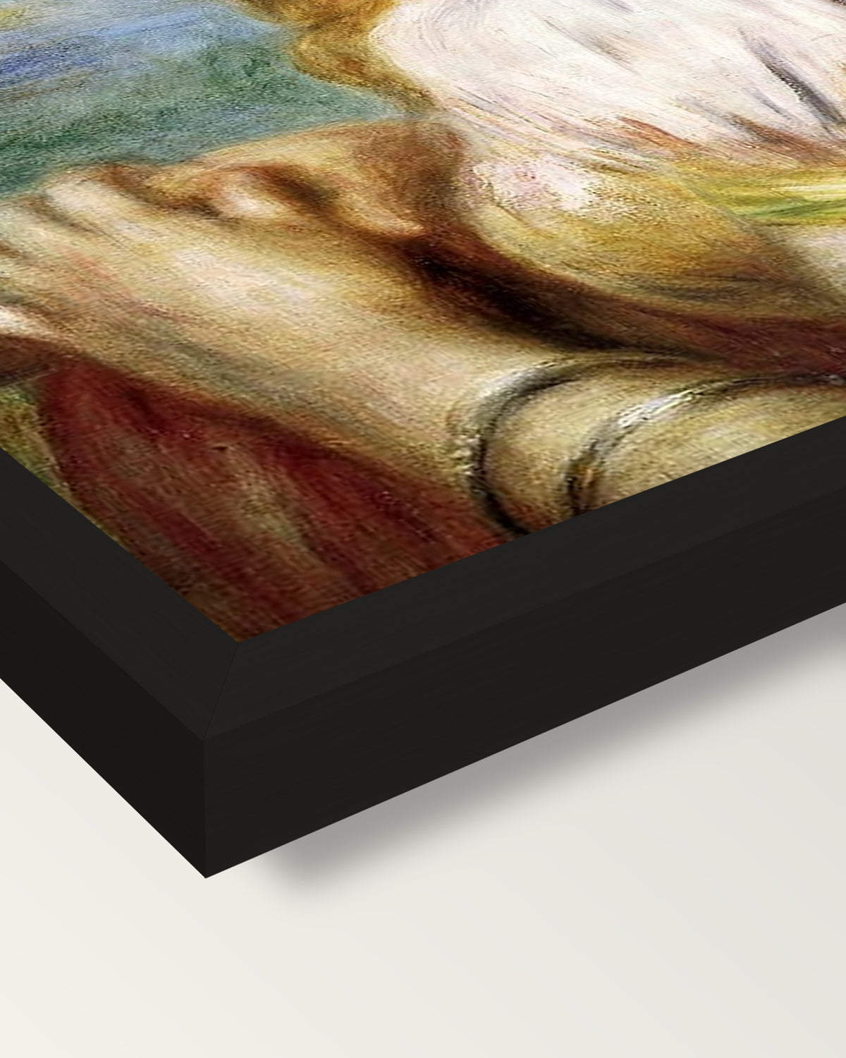 Girl in a Lace Hat by Renoir framed print, corner close-up: black moulding, mitred, the print set just below its edge