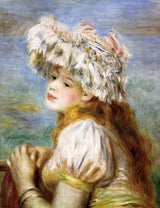 Girl in a Lace Hat by Renoir: a young woman with long auburn hair, in a white lace hat and a pale yellow dress