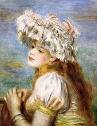 Girl in a Lace Hat by Renoir: a young woman with long auburn hair, in a white lace hat and a pale yellow dress