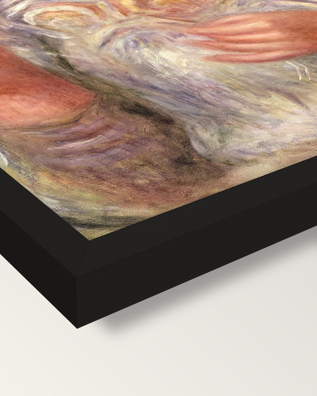 Girl Tatting by Renoir framed print, corner close-up: black moulding, mitred, the print set just below its edge