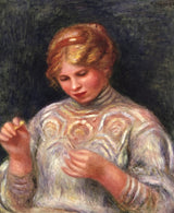 Girl Tatting by Renoir: a girl with copper hair in a white lace blouse, looking down at the thread in her fingers
