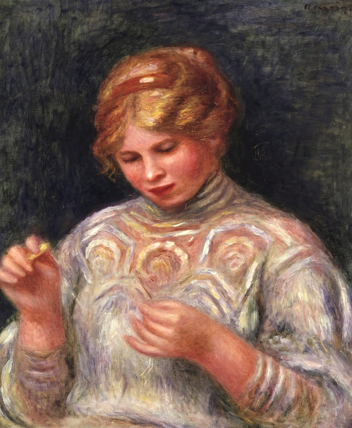 Girl Tatting by Renoir: a girl with copper hair in a white lace blouse, looking down at the thread in her fingers