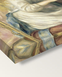 Young Girls at the Piano by Renoir on stretched canvas, corner close-up: the painting mirror-wrapped round the sides