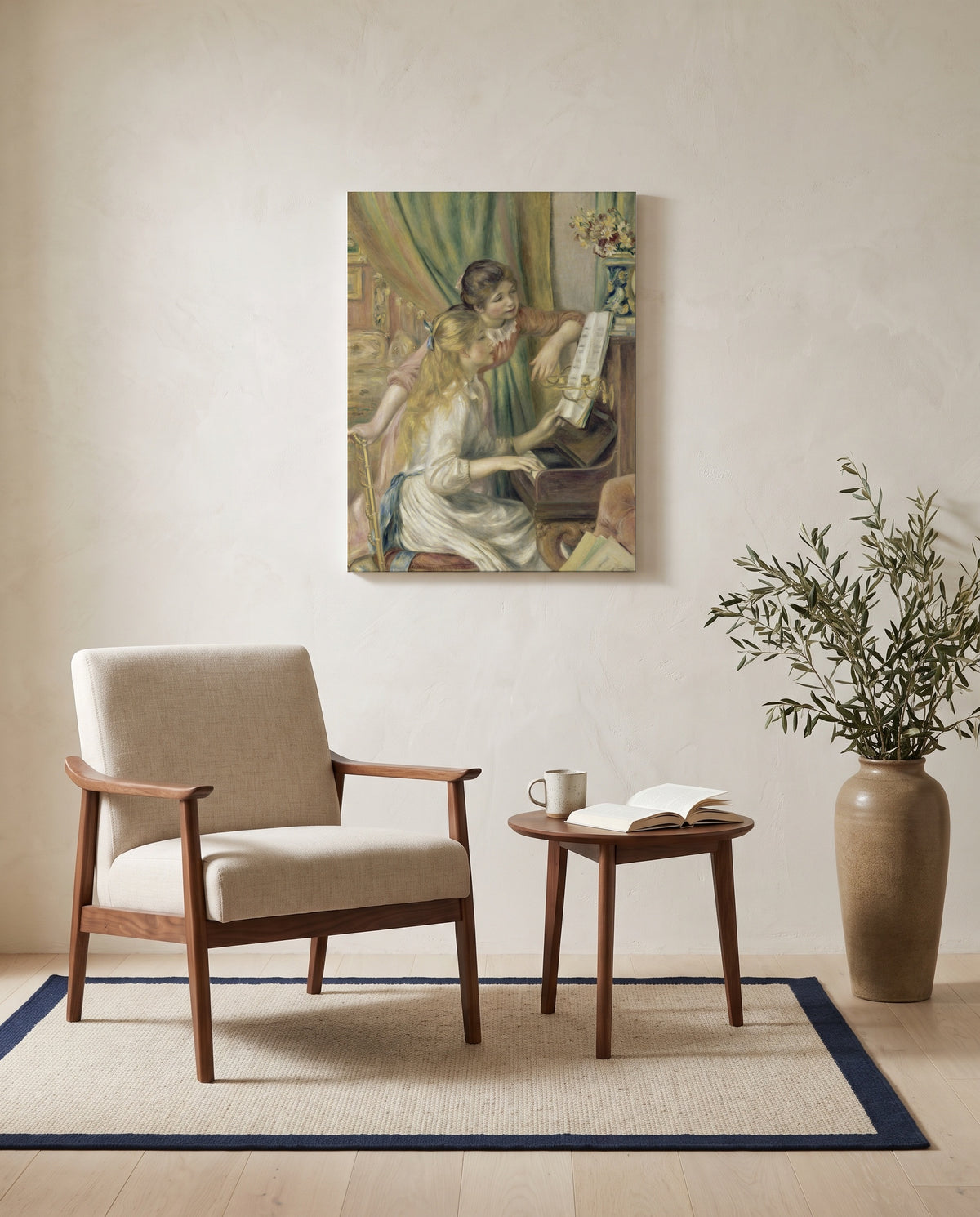Young Girls at the Piano by Pierre-Auguste Renoir as a stretched canvas above a linen lounge chair in a reading corner