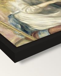 Young Girls at the Piano by Renoir framed canvas, corner close-up: a black floating frame with a shadow gap round the canvas