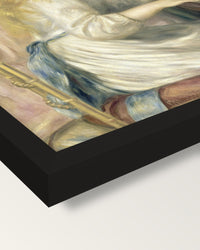 Young Girls at the Piano by Renoir framed print, corner close-up: black moulding, mitred, the print set just below its edge