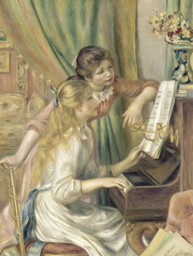 Young Girls at the Piano by Renoir: a girl in white plays the piano while a girl in pink leans in to read the music