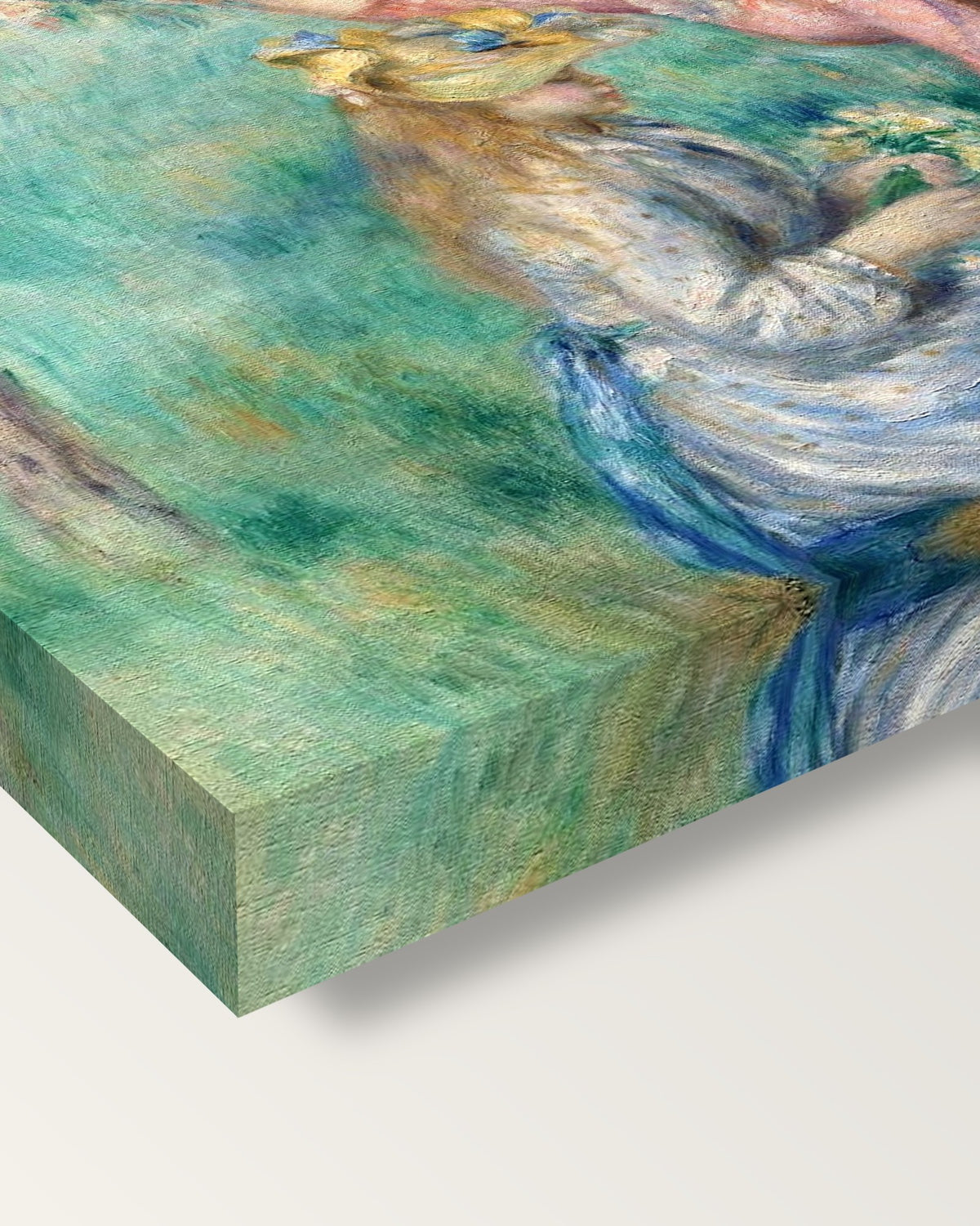 Girls Picking Flowers by Renoir on stretched canvas, corner close-up: the painting mirror-wrapped round the sides