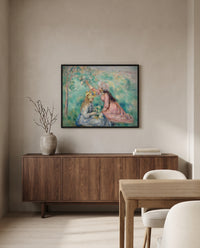 Girls Picking Flowers by Pierre-Auguste Renoir in a black frame above a walnut sideboard in a dining room