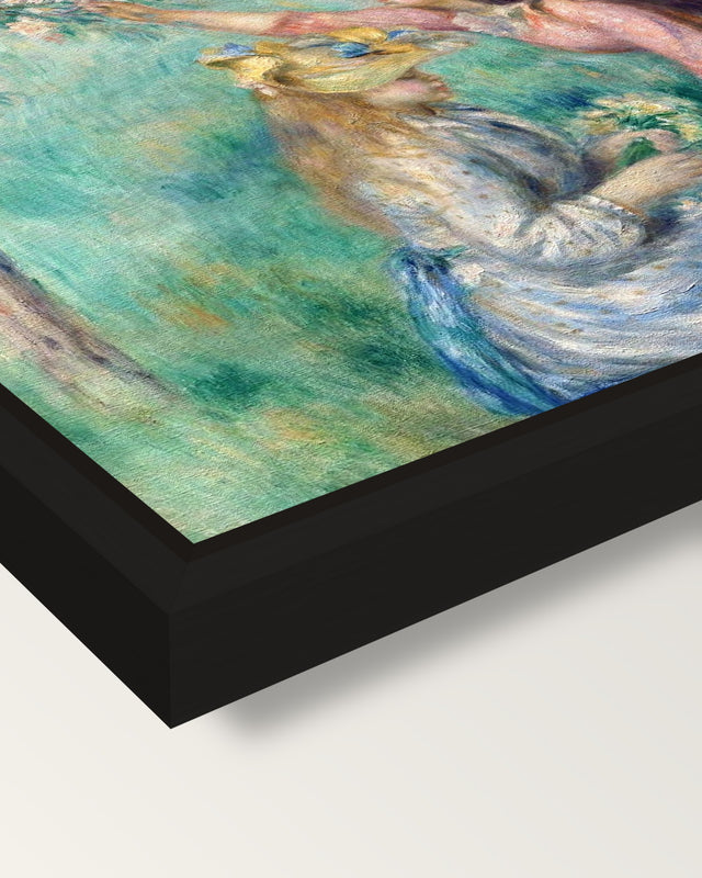 Girls Picking Flowers by Renoir framed canvas, corner close-up: a black floating frame with a shadow gap round the canvas