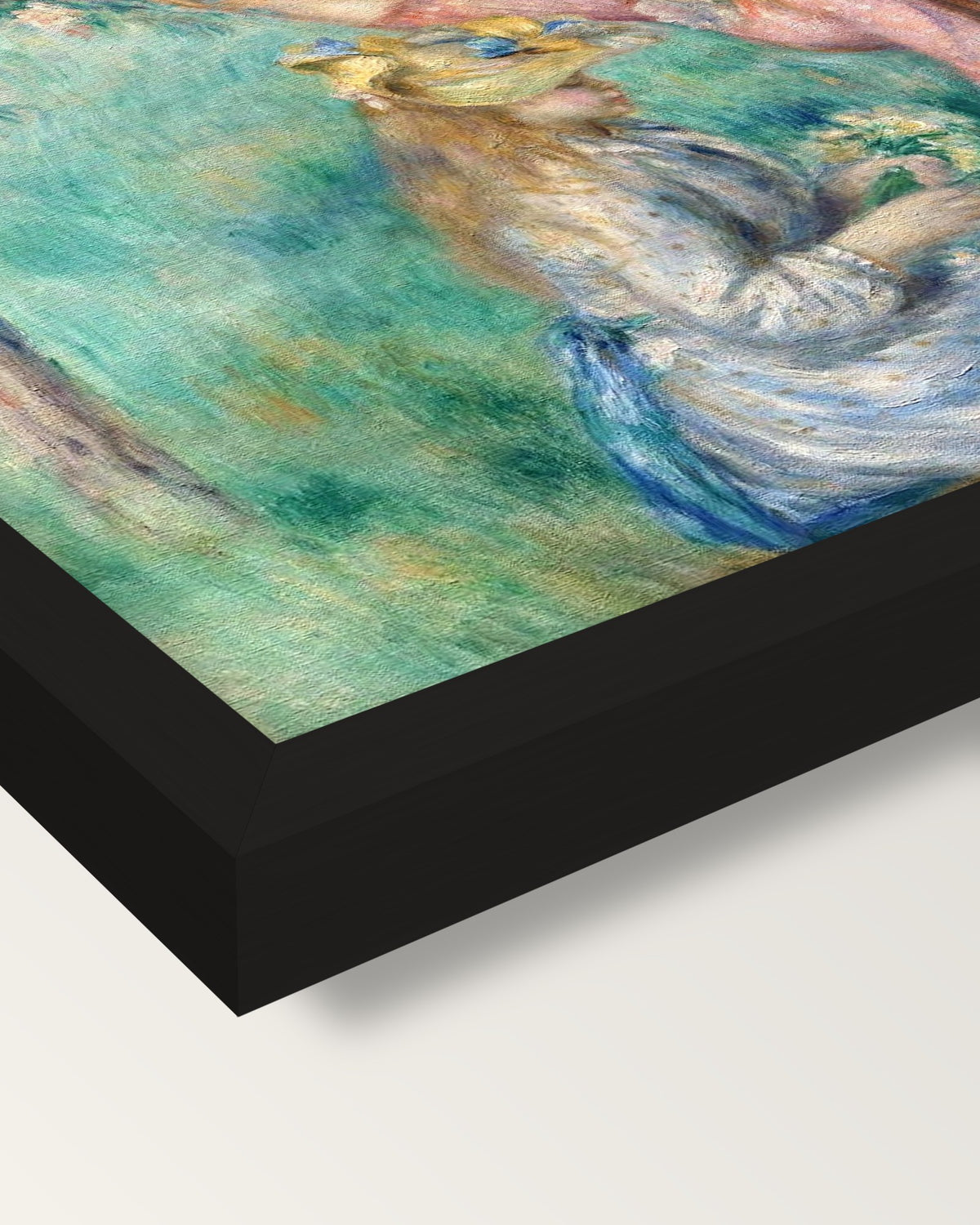 Girls Picking Flowers by Renoir framed print, corner close-up: black moulding, mitred, the print set just below its edge