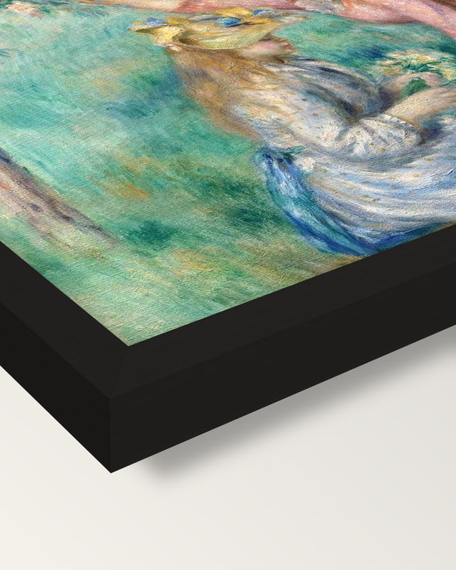 Girls Picking Flowers by Renoir framed print, corner close-up: black moulding, mitred, the print set just below its edge