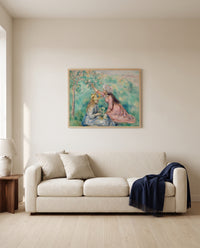 Girls Picking Flowers by Pierre-Auguste Renoir framed in natural oak above a cream sofa in a warm living room